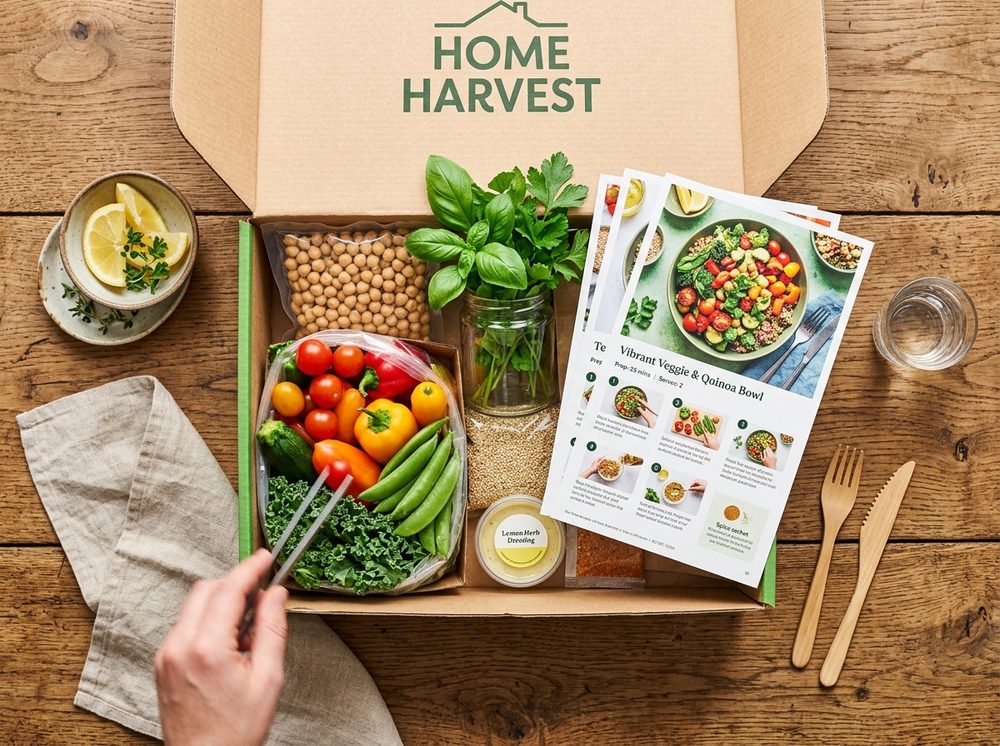 Fresh meal-kit box with colorful vegetables and recipe cards