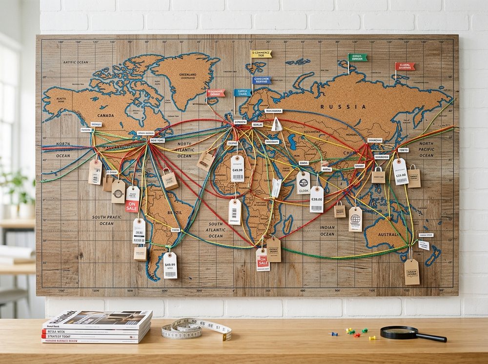 World map with price tags connected by routes across continents