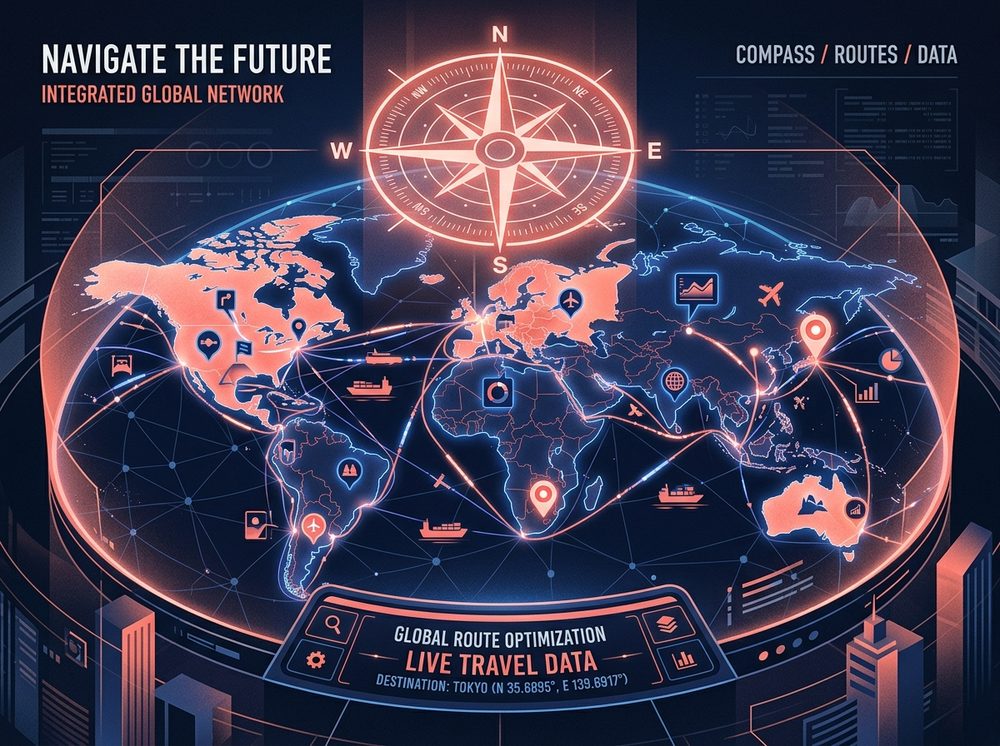 Compass on a glowing digital world map with routes