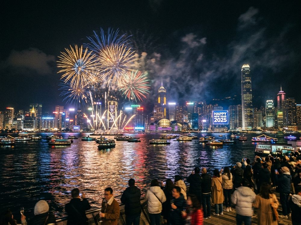 Fireworks over a city skyline at night